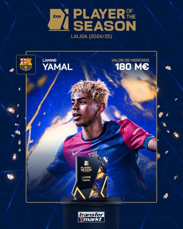 9 goals and 15 assists in 35 games! Yamal was elected as the best player of La Liga season selected by German transfer users